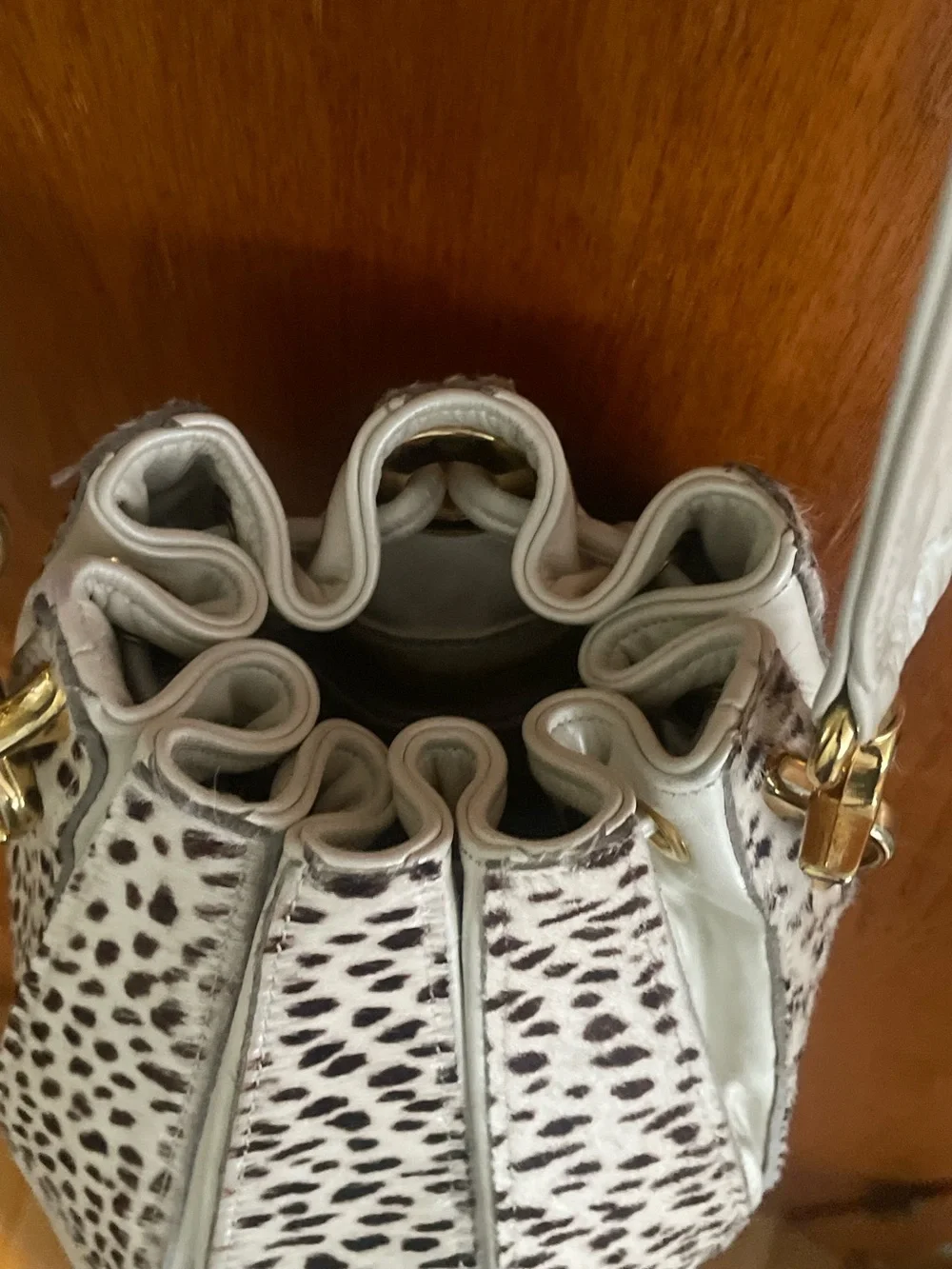 Vintage White & Leopard Pony Hair Leather Drawstring Bucket Bag